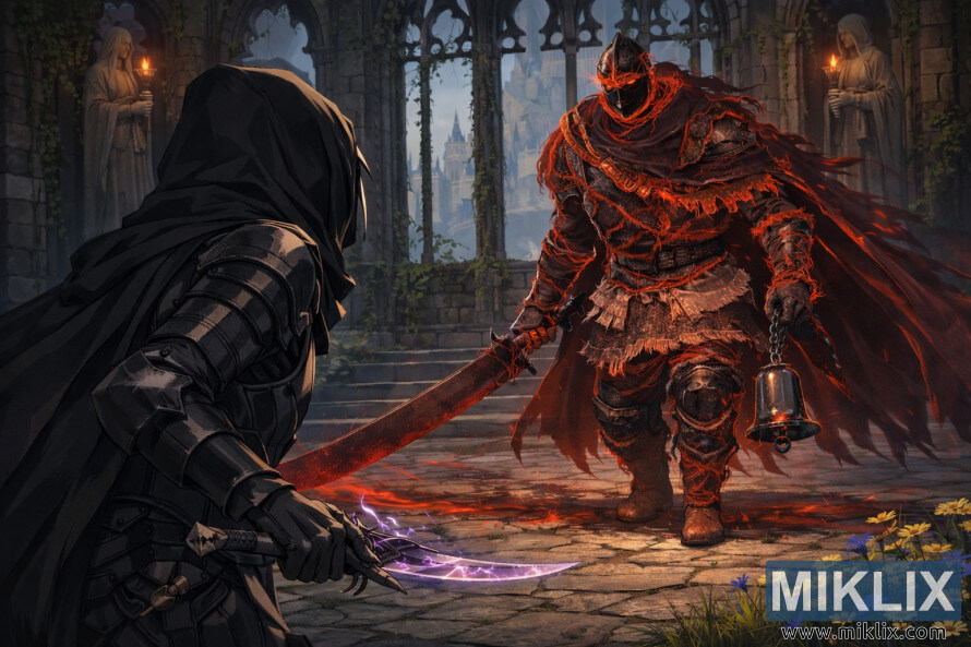 FanÃºÅ¡ikovskÃ¡ grafika v Å¡tÃ½le anime zobrazujÃºca PoÅ¡kvrnenÃ©ho v Äiernom noÅ¾i zozadu naÄ¾avo, tvÃ¡rou v tvÃ¡r ÄervenÃ©mu spektrÃ¡lnemu Lovcovi s Zvonom v ChrÃ¡me sÄ¾ubov tesne pred bojom.