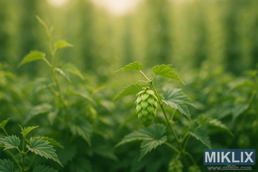 DetailnÃ­ zÃ¡bÄr na jednu zelenou chmelovou Å¡iÅ¡ku v ostrÃ©m zaostÅenÃ©m pozadÃ­ na rozmazanÃ©m pozadÃ­ bujnÃ½ch chmelovÃ½ch rostlin pod teplÃ½m sluneÄnÃ­m svÄtlem.