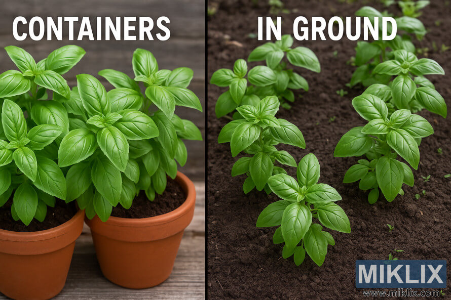 Foto lado a lado comparando plantas de manjericão cultivadas em vasos de terracota e em um canteiro no solo. Foto lado a lado comparando plantas de manjericão cultivadas em vasos de terracota e em um canteiro no solo.