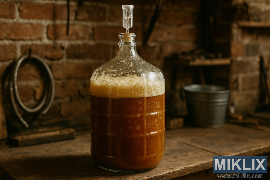 Um garrafão de vidro cheio de cerveja âmbar em plena fermentação repousa sobre uma bancada de madeira em um espaço rústico de fabricação caseira de cerveja, cercado por utensÃlios de cervejaria e luz natural e aconchegante. Um garrafão de vidro cheio de cerveja âmbar em plena fermentação repousa sobre uma bancada de madeira em um espaço rústico de fabricação caseira de cerveja, cercado por utensÃlios de cervejaria e luz natural e aconchegante.
