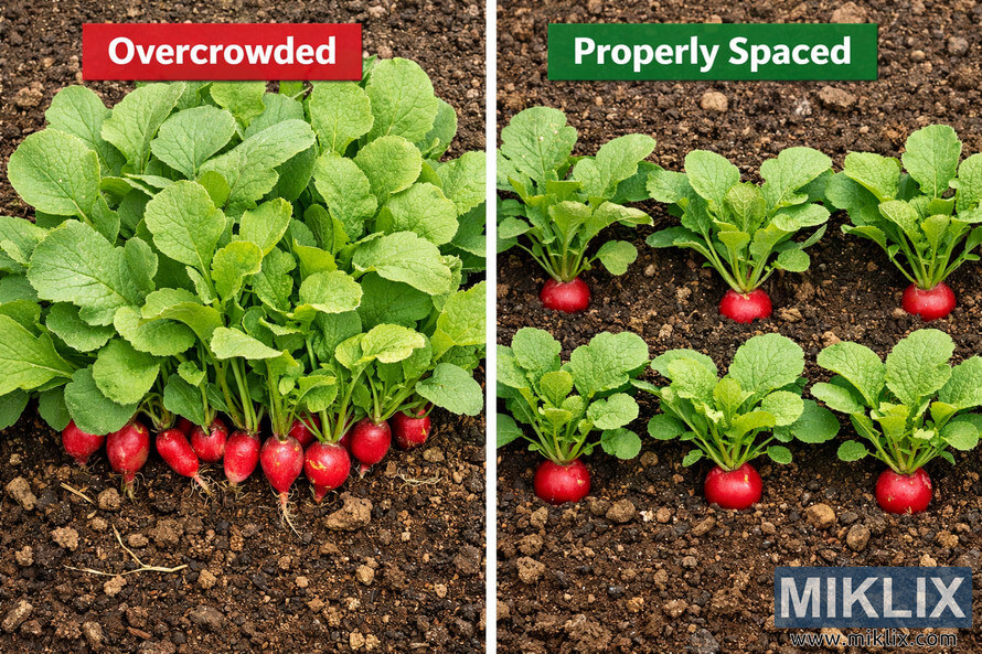 Side-by-side comparison of overcrowded radish plants with tangled leaves and small roots versus properly spaced radishes with healthy foliage and visible red bulbs growing in soil.