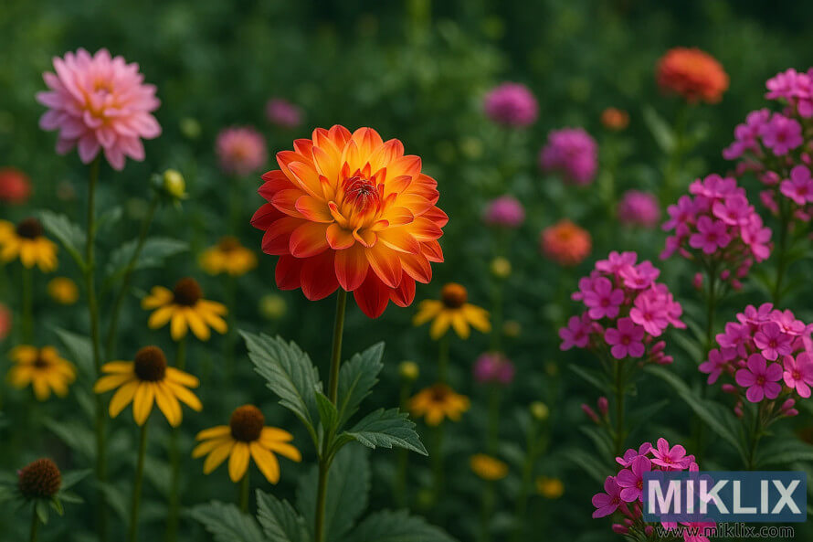 Dahlia bicolore avec des pétales jaunes à rouges entourés de phlox rose et d’échinacées jaunes en fleurs.