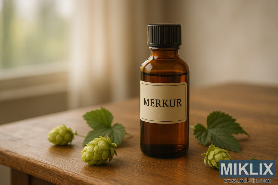 En bÃ¤rnstensfÃ¤rgad glasflaska med Merkur eterisk olja pÃ¥ ett trÃ¤bord omgivet av fÃ¤rska grÃ¶na humlekottar och humleblad, mjukt upplyst av naturligt fÃ¶nsterljus i bakgrunden.