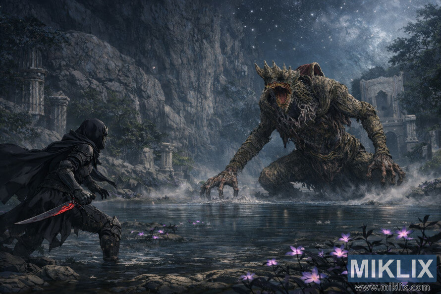 RaunhÃ¦ft anime-stÃ­ls mynd af Tarnished in Black Knife brynjunni sem stendur frammi fyrir Dragonkin-hermanninum hinum megin viÃ° misturÃ³ttu Ã¡na Ã­ Siofra rÃ©tt fyrir bardaga.