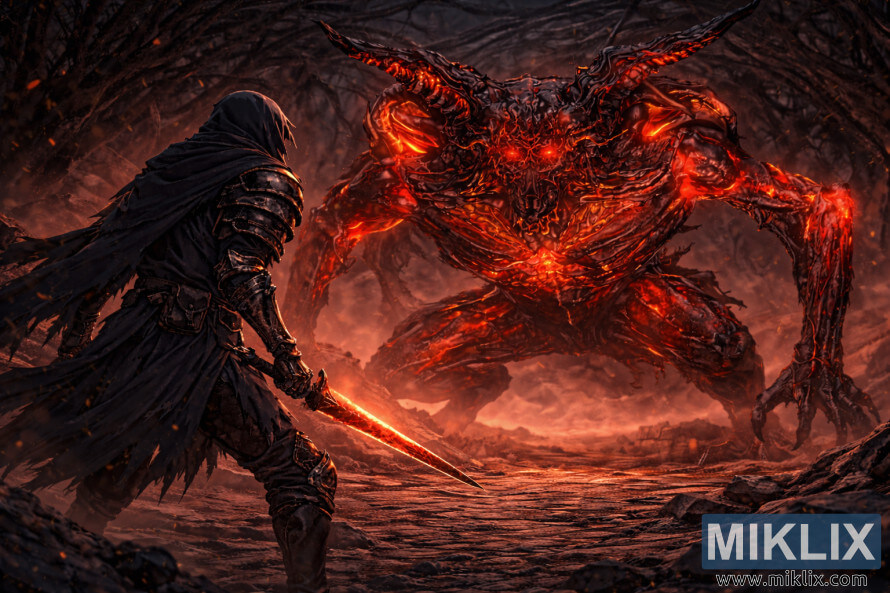 Fantasyscene i anime-stil med en kappet, pansret kriger, der stÃ¥r over for en enorm, smeltet dÃ¦mon, der truer tÃ¦t inde i en brÃ¦ndende hule.