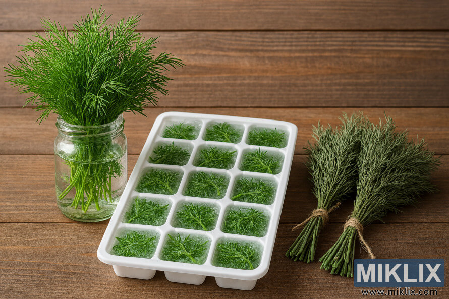 Aneth frais dans lâeau, aneth congelÃ© dans un plateau Ã  glaÃ§ons, et faisceaux dâaneth sÃ©chÃ© sur la surface du bois