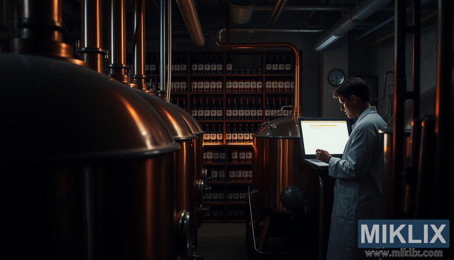 Koselig bryggeri med kobbertanker, rør og en forsker som inspiserer gjær under varm belysning. Koselig bryggeri med kobbertanker, rør og en forsker som inspiserer gjær under varm belysning.