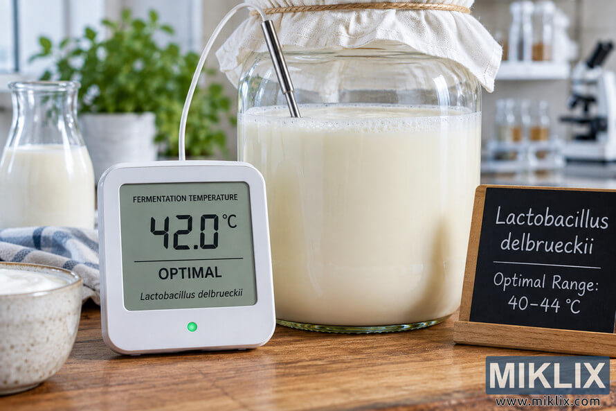 Digital thermometer reading 42.0°C beside a glass fermentation jar, with a sign showing the 40â44°C optimal range for Lactobacillus delbrueckii. Digital thermometer reading 42.0°C beside a glass fermentation jar, with a sign showing the 40â44°C optimal range for Lactobacillus delbrueckii.