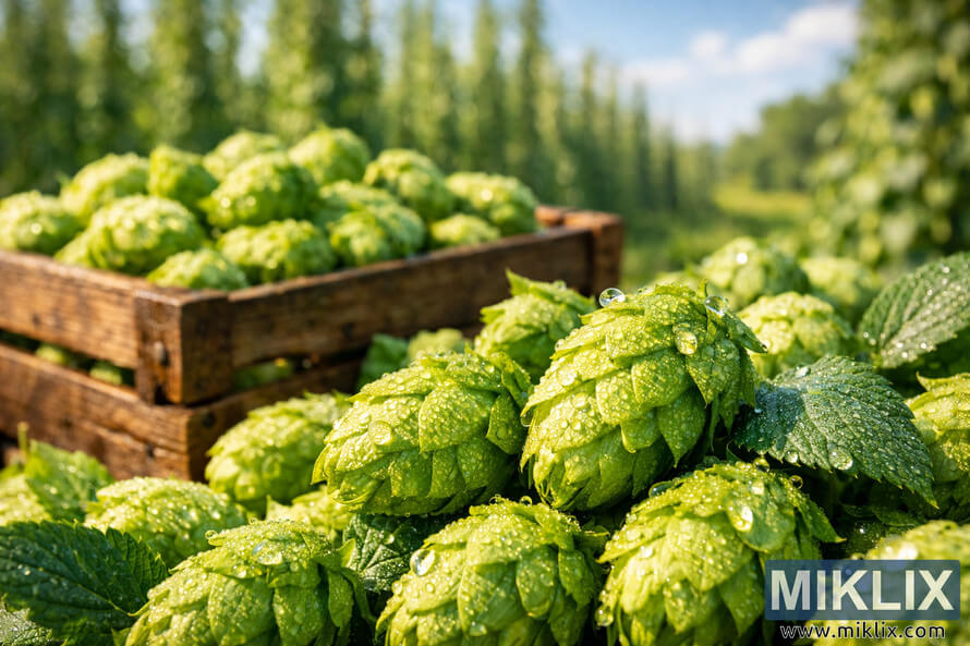 Close-up of dew-covered Ahtanum hop cones with visible lupulin resin, resting beside a rustic wooden crate in a sunny hop field.