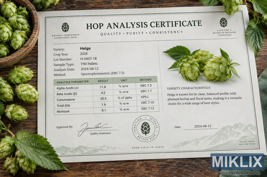 Landscape photograph of a hop analysis certificate for the Helga variety showing an alpha-acid result of 11.8% w/w, surrounded by fresh green hop cones and leaves on a rustic wooden table. Landscape photograph of a hop analysis certificate for the Helga variety showing an alpha-acid result of 11.8% w/w, surrounded by fresh green hop cones and leaves on a rustic wooden table.