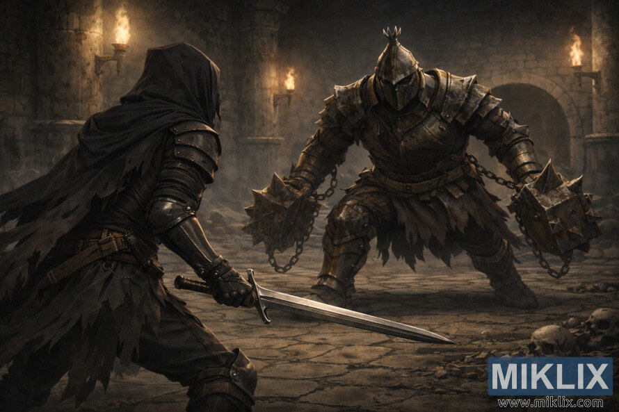 Realistic dark fantasy illustration of the Tarnished wielding a sword while facing the Grave Warden Duelist in the torchlit Murkwater Catacombs just before combat.