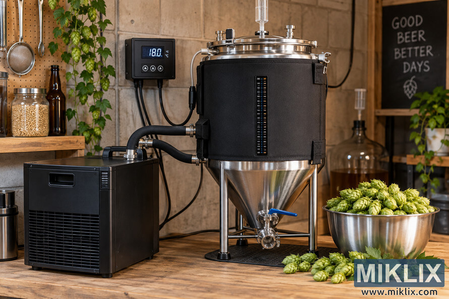 Landscape photo of a homebrewing fermentation setup with an insulated stainless-steel conical fermenter, digital controller showing 18.0°C, cooling unit, circulation hoses, and fresh green hops on a wooden workbench. Landscape photo of a homebrewing fermentation setup with an insulated stainless-steel conical fermenter, digital controller showing 18.0°C, cooling unit, circulation hoses, and fresh green hops on a wooden workbench.