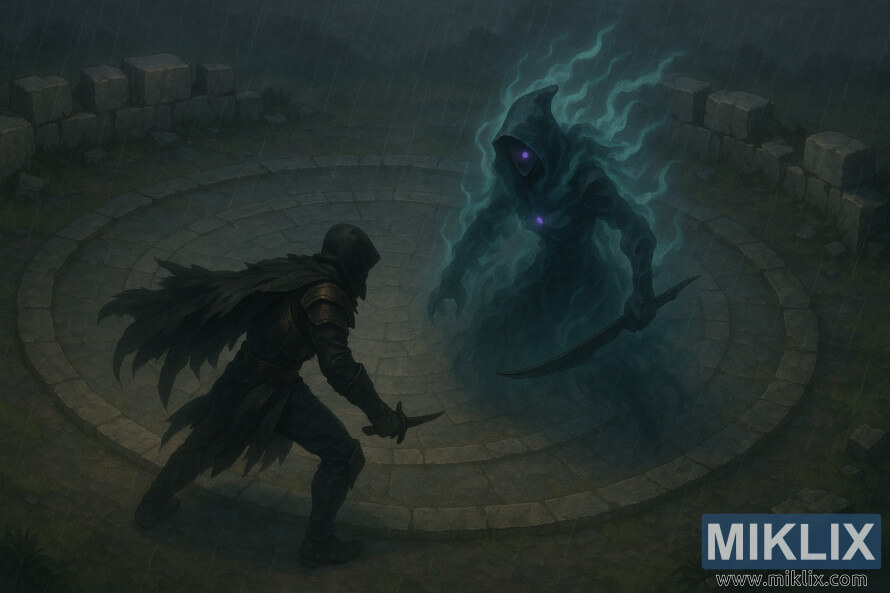 Landskap-georiënteerde, semi-realistiese kunswerk wat die Tarnished in Black Knife-pantser vanuit 'n isometriese aansig wys terwyl hy Alecto, Black Knife Ringleier, in 'n reëndeurdrenkte sirkelvormige kliparena in die gesig staar. Landskap-georiënteerde, semi-realistiese kunswerk wat die Tarnished in Black Knife-pantser vanuit 'n isometriese aansig wys terwyl hy Alecto, Black Knife Ringleier, in 'n reëndeurdrenkte sirkelvormige kliparena in die gesig staar.