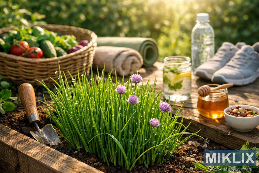 A lush garden scene featuring fresh chives with purple blossoms surrounded by healthy lifestyle items like vegetables, water, and gardening tools in warm morning sunlight. A lush garden scene featuring fresh chives with purple blossoms surrounded by healthy lifestyle items like vegetables, water, and gardening tools in warm morning sunlight.