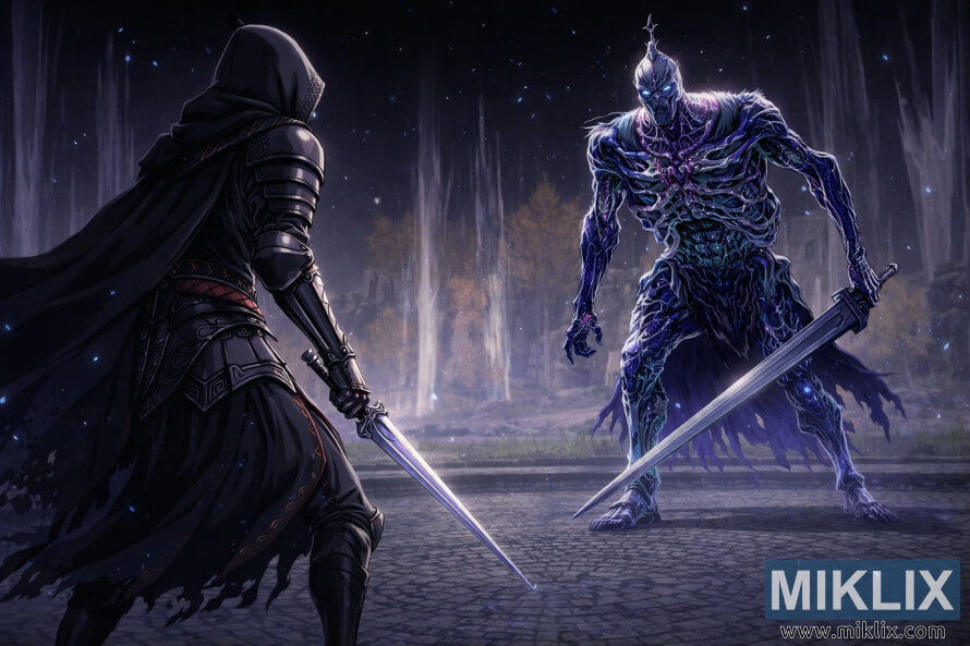 Fan-Art im Anime-Stil, die den Tarnished in Black Knife-RÃ¼stung zeigt, wie er Bols, den karischen Ritter, in Cuckoos Evergaol kurz vor dem Kampf in Elden Ring konfrontiert.