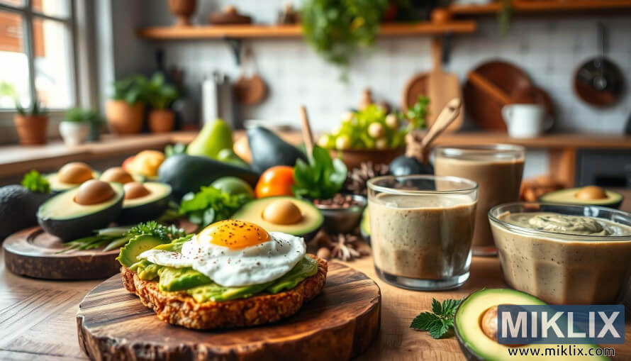 Tabla rÃºstica con tostadas de aguacate, mousse y productos frescos en un ambiente cÃ¡lido de cocina.