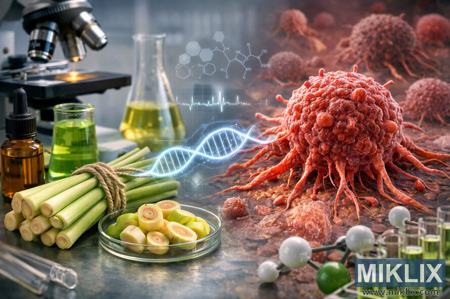 High-resolution scientific concept image showing fresh lemongrass, lab equipment, and a detailed red cancer cell connected by a glowing blue DNA-like strand, with molecular diagrams and chemical structures overlaying the scene. High-resolution scientific concept image showing fresh lemongrass, lab equipment, and a detailed red cancer cell connected by a glowing blue DNA-like strand, with molecular diagrams and chemical structures overlaying the scene.