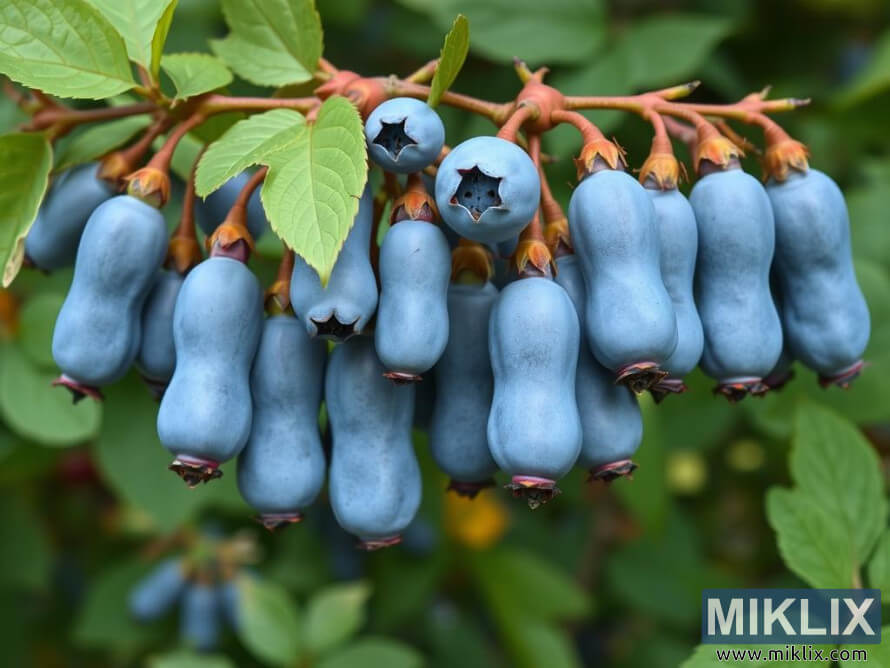 Clusters of ripe blue honeyberries hanging from green leafy branches.