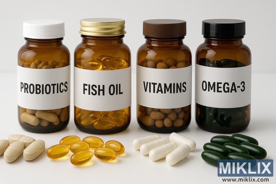 Amber glass bottles of probiotics, fish oil, vitamins, and omega-3 with capsules arranged on a white surface.