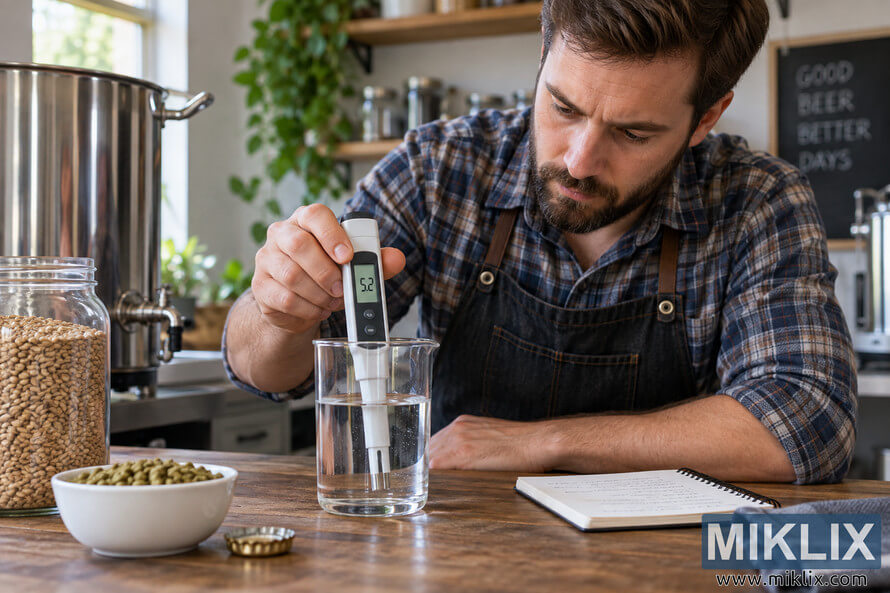 Homebrewer in a plaid shirt and dark apron testing a beaker of clear brewing water with a digital pH meter at a wooden workbench, surrounded by grain, hops, brewing equipment, and a notebook.
