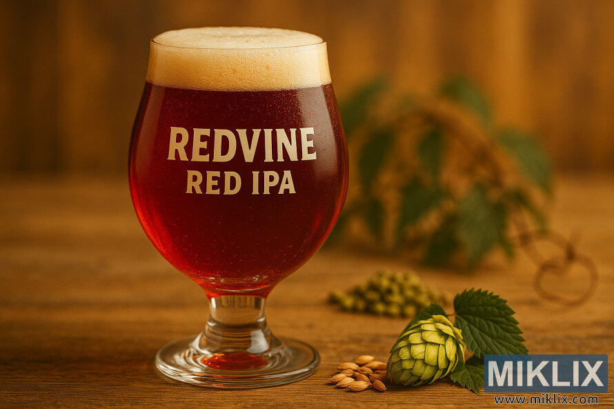 Tulpglas Redvine Red IPA wat robynrooi gloei op 'n houttafel.