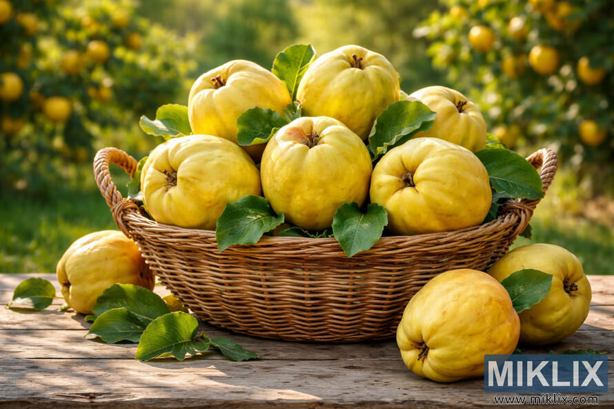 Golden Aromatnaya quinces in a wicker basket on a wooden table with green leaves and orchard background in warm sunlight.