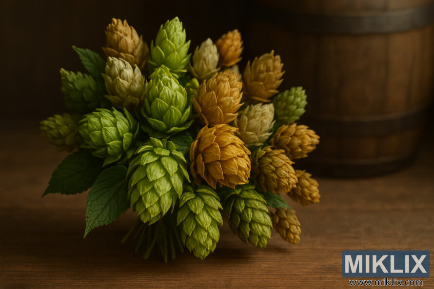 Roheliste ja kuldsete humalakÃ¤bide kimp erinevatest sortidest, mis on asetatud maalÃ¤hedase puidust tÃ¼nni taustale pehmes valguses.