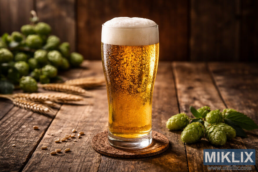 Chilled glass of golden European lager with thick white foam on a rustic wooden table surrounded by hops and barley. Chilled glass of golden European lager with thick white foam on a rustic wooden table surrounded by hops and barley.