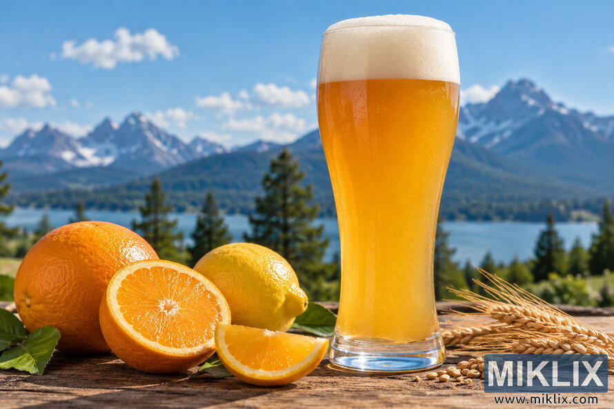 Tall glass of hazy golden American-style hefeweizen with a creamy white head, surrounded by fresh oranges, lemon, wheat stalks and grain on a rustic wooden table, with a blue lake, evergreen forest and mountains in the sunny background. Tall glass of hazy golden American-style hefeweizen with a creamy white head, surrounded by fresh oranges, lemon, wheat stalks and grain on a rustic wooden table, with a blue lake, evergreen forest and mountains in the sunny background.