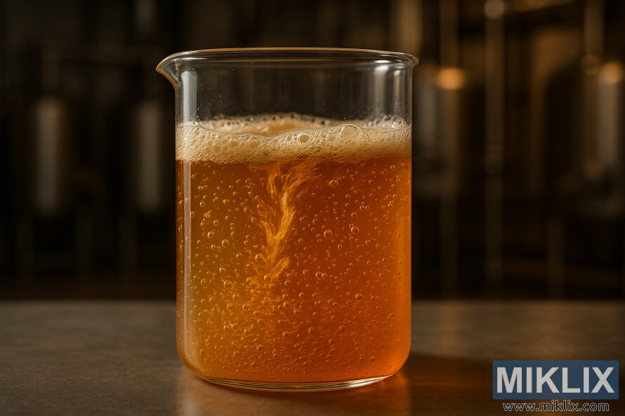 BÃ¦gerglas med uklar ravfarvet vÃ¦ske med bobler, der viser aktiv gÃ¦ring af hÃ¥ndbrygget Ã¸l.