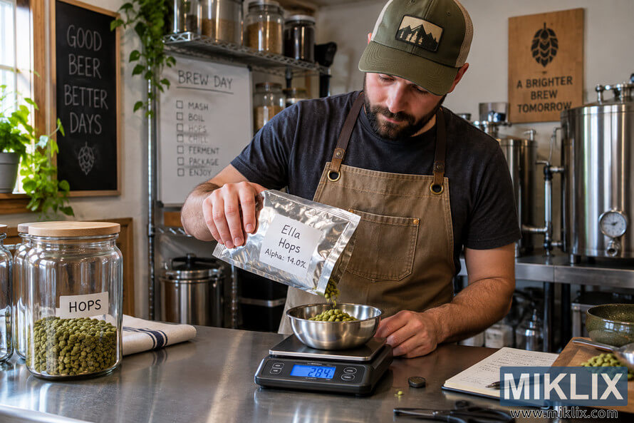 Homebrewer in a home brewery pouring green Ella hop pellets from a plain foil pouch into a stainless-steel bowl on a digital scale, surrounded by brewing equipment, ingredient jars and brew-day notes.