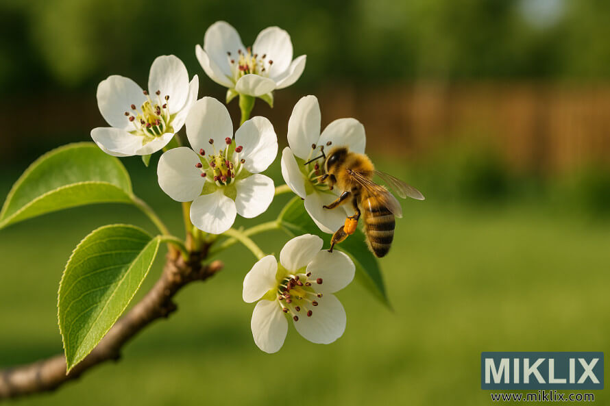 Honeybee pollinating white pear blossoms with pollen sacs full on its legs.