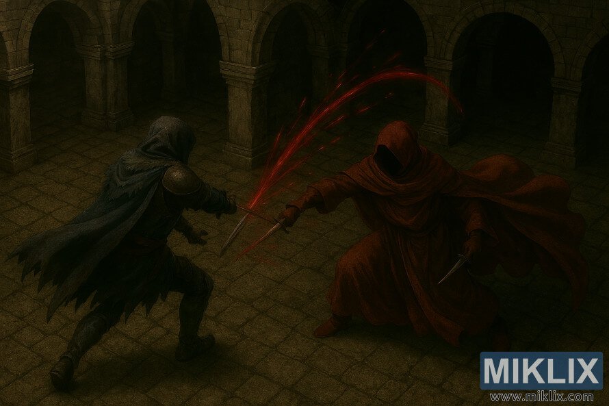 RealistiÅ¡kas ApgailÄtino kovos gobtuvu apsirengusio Esgaro, Kraujo Å¾ynio, Eldeno Ringo Leyndello katakombose fantastinis pieÅ¡inys