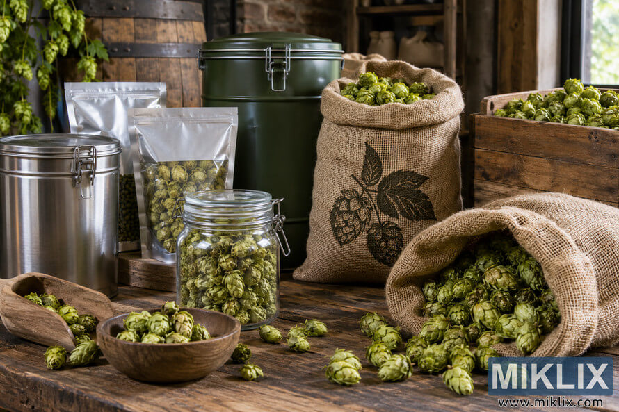 Landscape photo of green hop cones stored in unbranded burlap sacks, resealable silver bags, a glass jar, metal canisters, a wooden crate, bowl, and scoop on a rustic wooden table. Landscape photo of green hop cones stored in unbranded burlap sacks, resealable silver bags, a glass jar, metal canisters, a wooden crate, bowl, and scoop on a rustic wooden table.