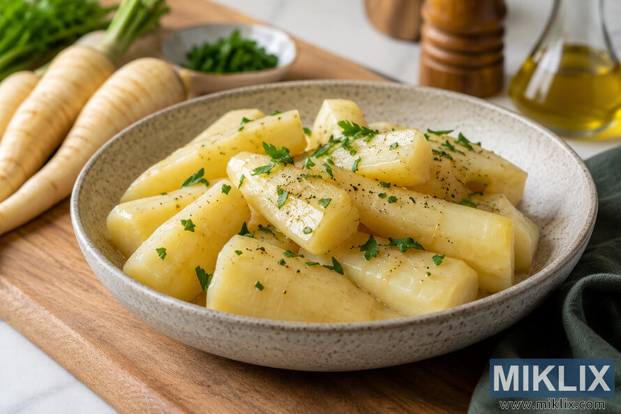 A speckled ceramic bowl filled with tender boiled parsnips garnished with fresh herbs and black pepper sits on a wooden kitchen counter, surrounded by whole parsnips, a pepper grinder, a glass bottle of cooking oil, and a folded green cloth in warm natural light. A speckled ceramic bowl filled with tender boiled parsnips garnished with fresh herbs and black pepper sits on a wooden kitchen counter, surrounded by whole parsnips, a pepper grinder, a glass bottle of cooking oil, and a folded green cloth in warm natural light.