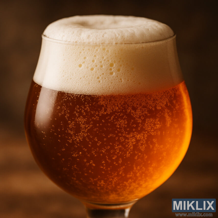 Gilashin mai siffar tulip cike da zinari-amber ale na Belgian, wanda aka lullube shi da farar fata mai kauri da haske ta hanyar haske mai ban mamaki. Gilashin mai siffar tulip cike da zinari-amber ale na Belgian, wanda aka lullube shi da farar fata mai kauri da haske ta hanyar haske mai ban mamaki.