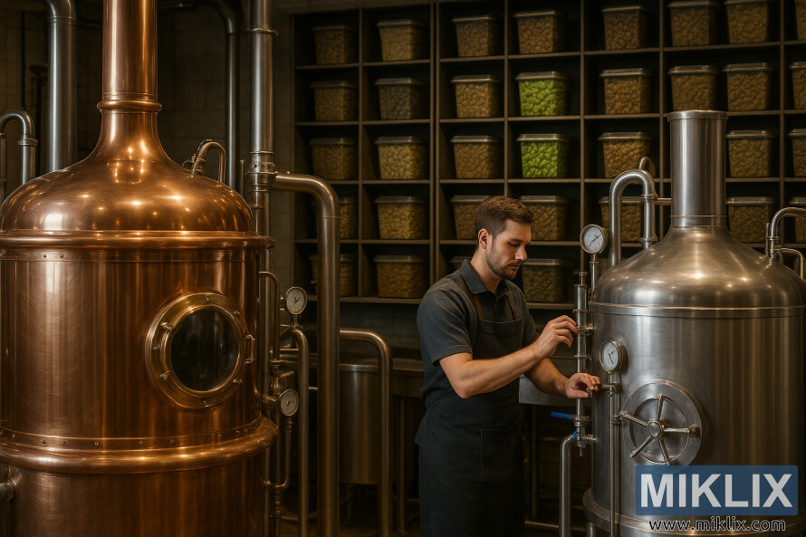 Un birraio controlla i bollitori di rame in un birrificio industriale, con il luppolo Target immagazzinato sugli scaffali sullo sfondo.