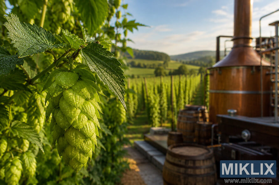 Close-up of a dew-covered green hop cone on a vine, with rustic brewing barrels, copper equipment, hop fields, rolling hills, and blue sky in the background.