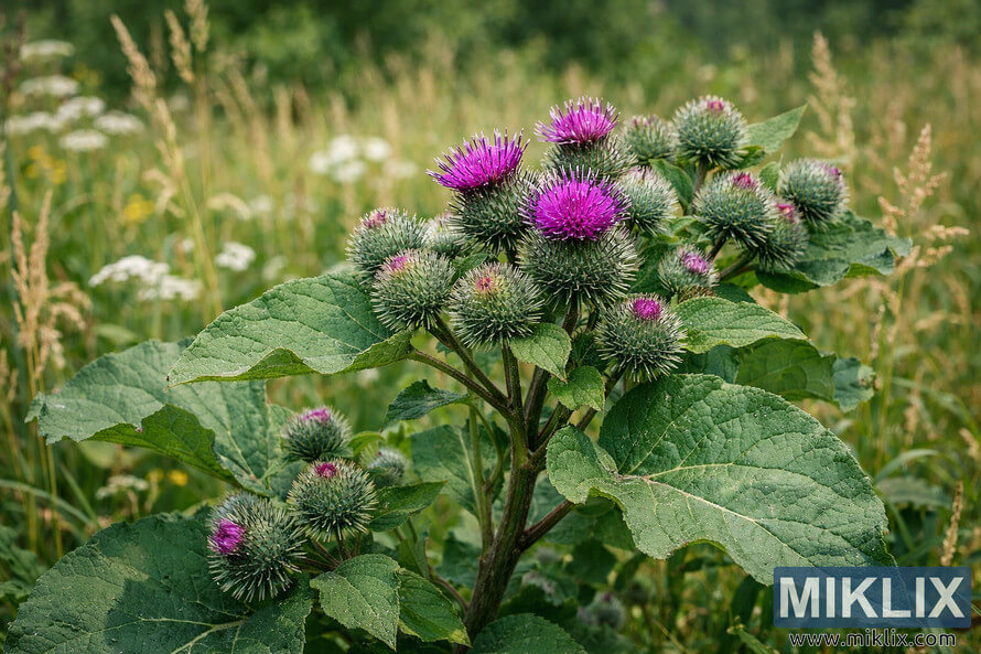 Close-up of a burdock plant showing large green leaves and purple flower heads surrounded by spiky burs in a meadow. Close-up of a burdock plant showing large green leaves and purple flower heads surrounded by spiky burs in a meadow.