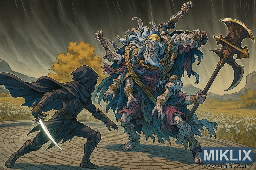 Ilustrasi gaya anime perisai Pisau Hitam yang Tercemar menerkam Godefroy si Tercantum dengan keris di atas platform batu bulat di bawah langit yang gelap.