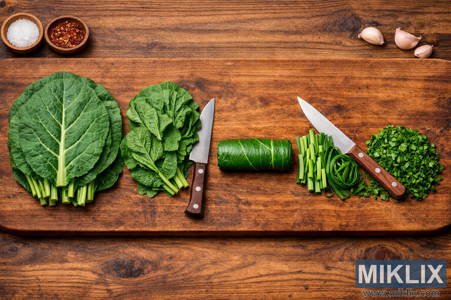 Five stages of collard greens preparation displayed on a rustic wooden cutting board, showing whole leaves, de-stemmed leaves, rolled greens, sliced ribbons, and finely chopped pieces with kitchen knives and seasonings.
