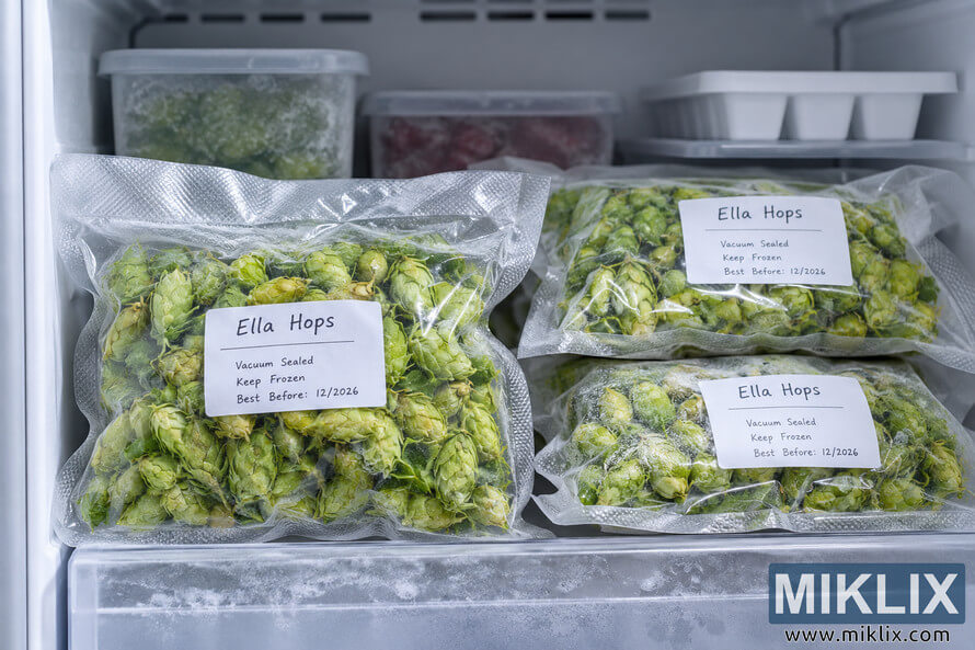 Landscape photo of three transparent vacuum-sealed packages of green Ella hop cones neatly stored inside a frosty freezer, with plain storage labels, food containers, and an ice cube tray in the background.