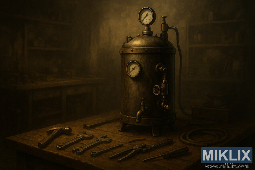 Egy halványan megvilágÃtott műhely szerszámokkal borÃtott fa munkapaddal és egy régi gÅzölÅs láger erjesztÅvel, amelynek középpontjában mérÅórák és szelepek állnak. Egy halványan megvilágÃtott műhely szerszámokkal borÃtott fa munkapaddal és egy régi gÅzölÅs láger erjesztÅvel, amelynek középpontjában mérÅórák és szelepek állnak.