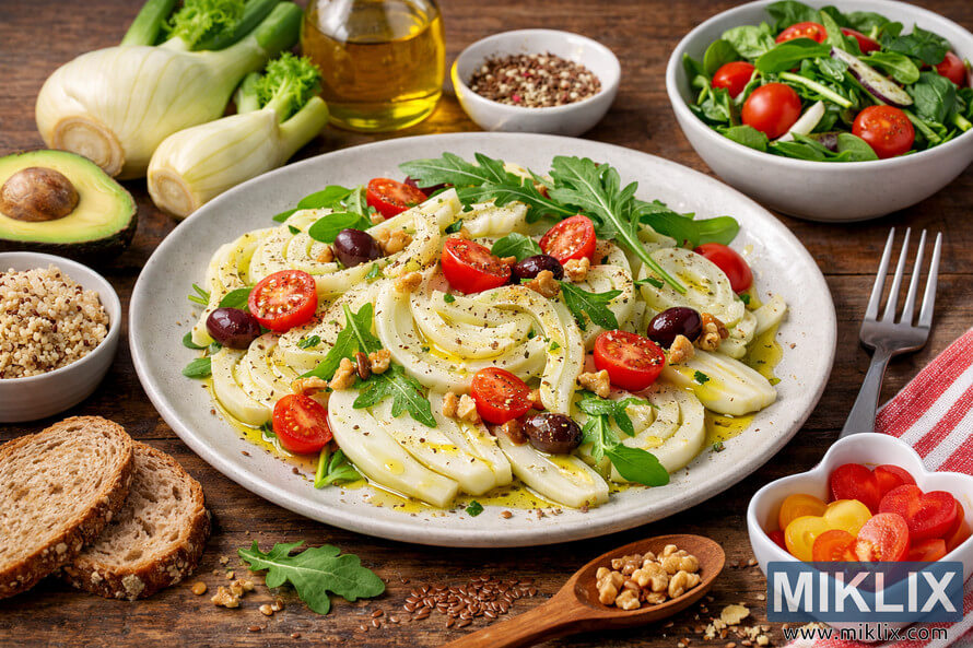 Heart-healthy fennel salad drizzled with olive oil, surrounded by quinoa, avocado, bread, and fresh greens on a rustic wooden table. Heart-healthy fennel salad drizzled with olive oil, surrounded by quinoa, avocado, bread, and fresh greens on a rustic wooden table.