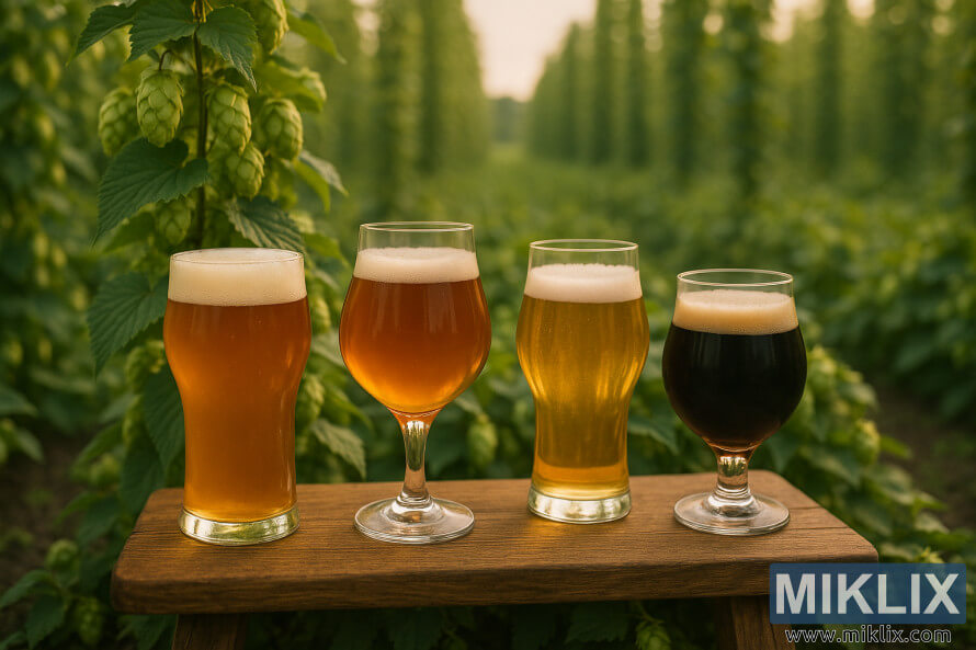 Sekawan bir kerajinan ing macem-macem barang kaca ing bangku kayu sing dipasang ing lapangan hop ijo sing subur, sumunar ing sinar srengenge sing anget.