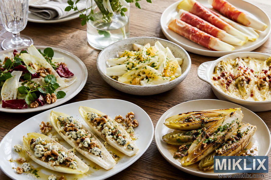 A rustic wooden dining table arranged with a variety of finished endive dishes, including grilled endive with herbs, endive topped with blue cheese and walnuts, citrus endive salad, creamy baked endive gratin, and wrapped endive appetizers, photographed in warm natural light. A rustic wooden dining table arranged with a variety of finished endive dishes, including grilled endive with herbs, endive topped with blue cheese and walnuts, citrus endive salad, creamy baked endive gratin, and wrapped endive appetizers, photographed in warm natural light.