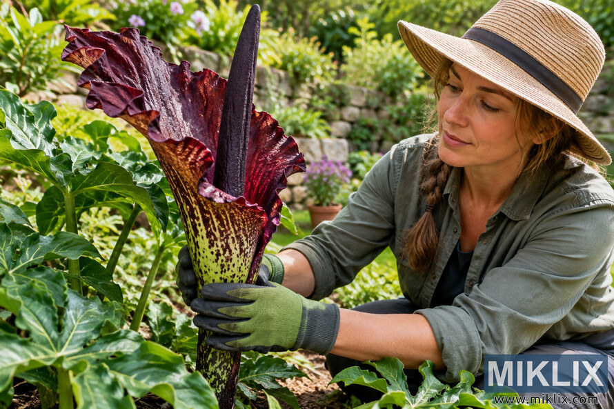 Gloved gardener kneeling in a sunlit garden and gently handling a large dark burgundy Dragon Arum surrounded by lush green foliage.