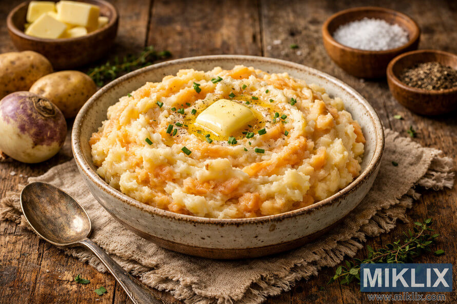 A bowl of creamy turnip and potato mash topped with melting butter and chives on a rustic wooden table with raw vegetables and seasonings.