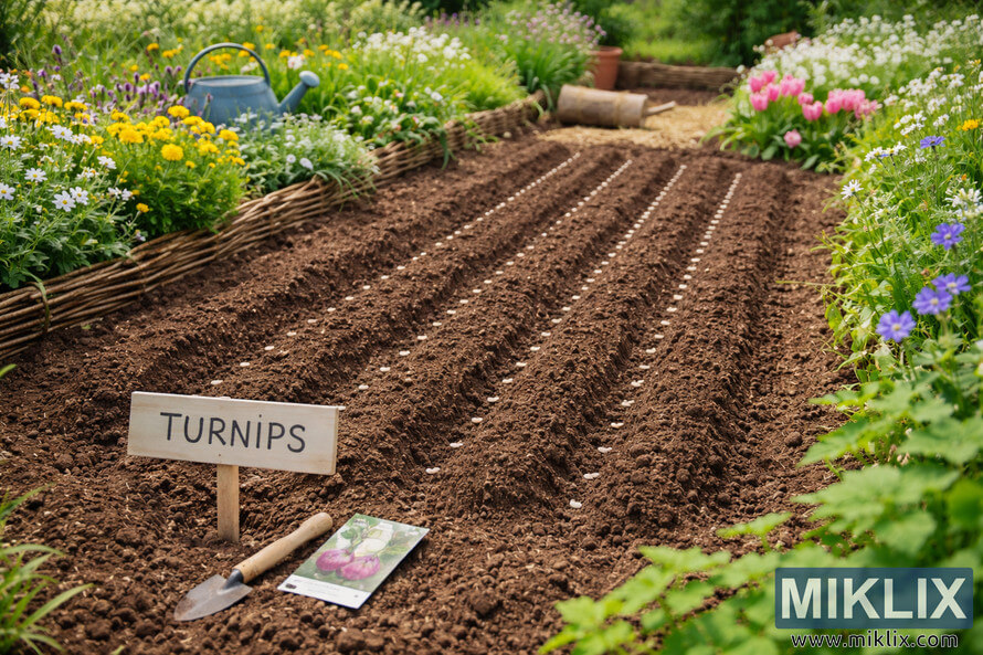 Neatly prepared spring garden bed with rows of tilled soil and turnip seeds, surrounded by colorful flowers and garden tools.