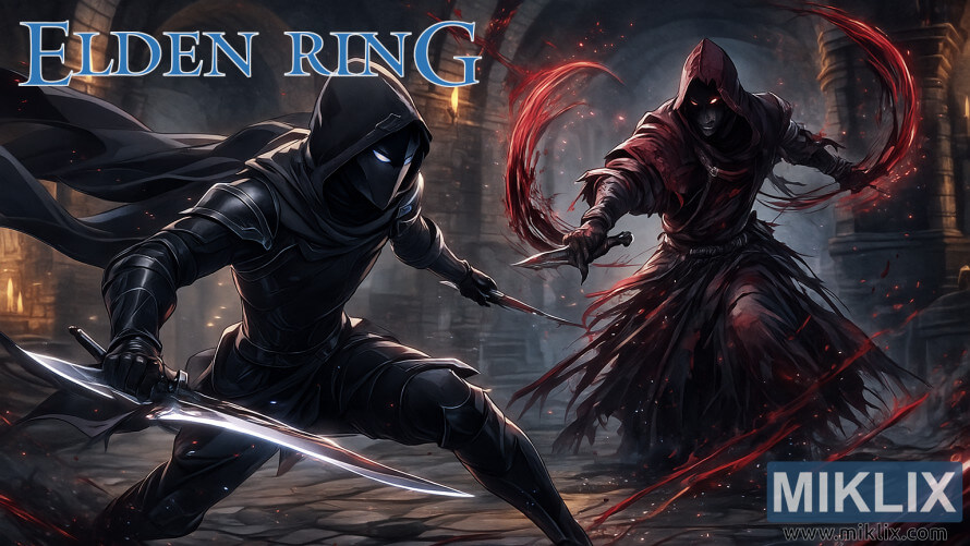 Stylized fan art of Tarnished in Black Knife armor fighting Esgar, Priest of Blood, in Elden Ring's Leyndell Catacombs Stylized fan art of Tarnished in Black Knife armor fighting Esgar, Priest of Blood, in Elden Ring's Leyndell Catacombs